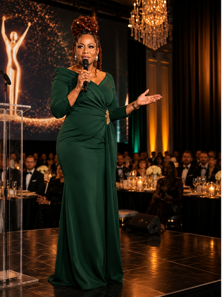 Bosede Iyewarun hosting a gala on stage in an elegant green gown, commanding the room with a microphone