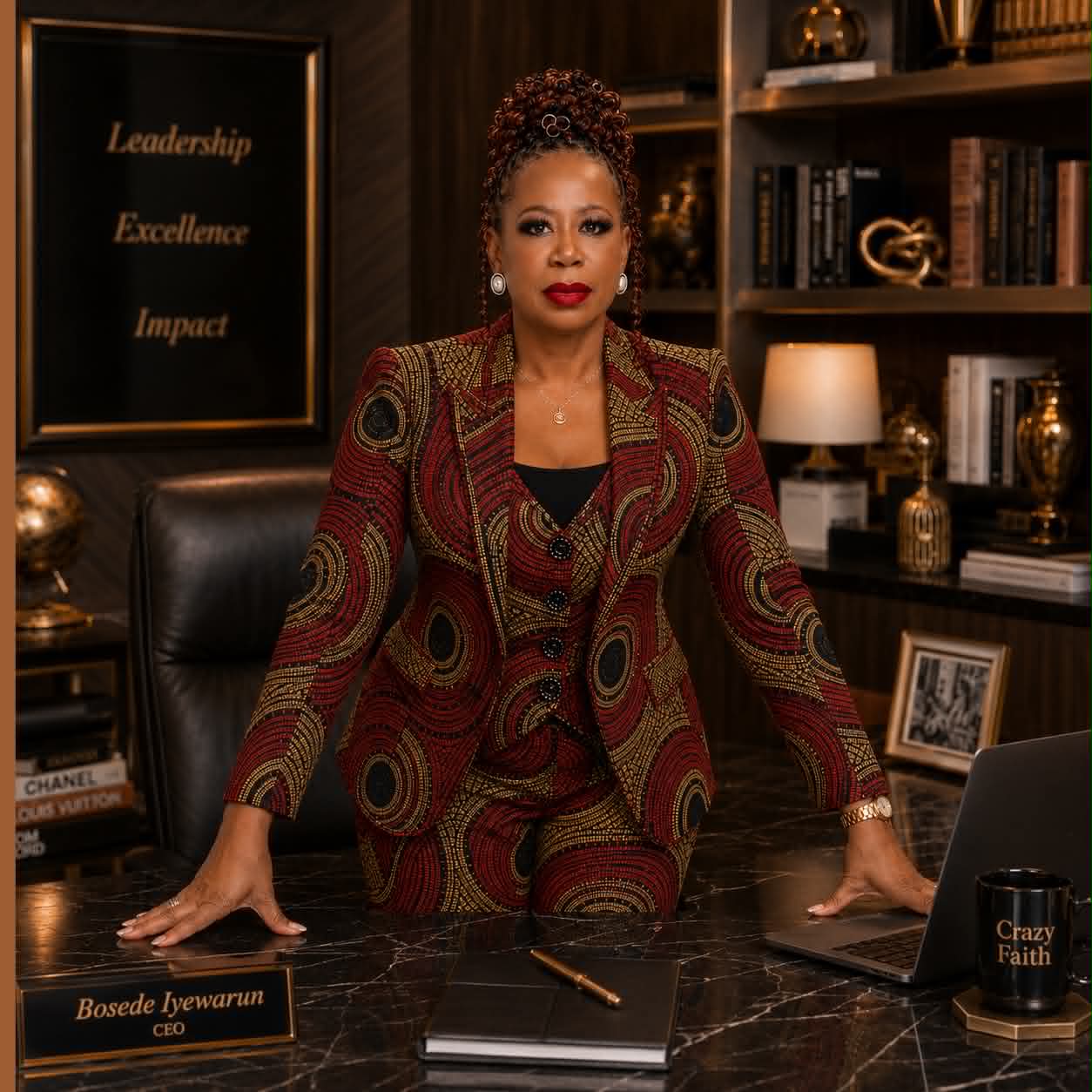 Bosede Iyewarun in a burgundy and gold executive office portrait