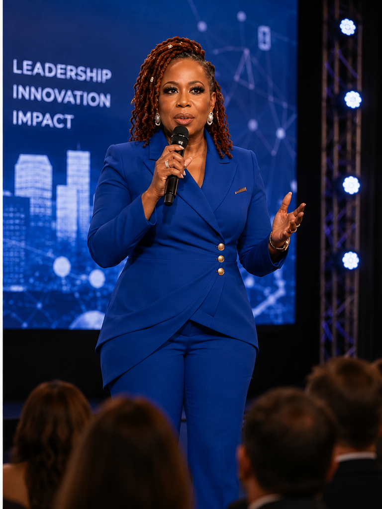 Bosede Iyewarun speaking at a corporate conference stage in a blue suit